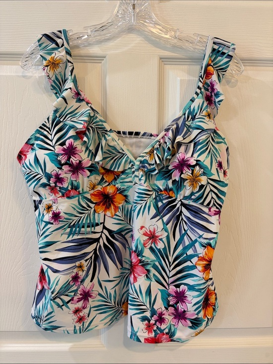 Time and Tru Other - Time and Tru White Tropical Floral Swim Camisole with Teal & Multicolor Flowers